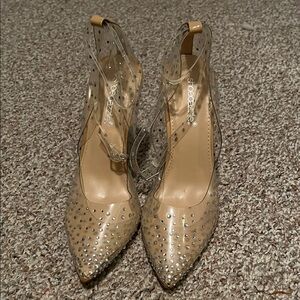 Shoe Dazzle Clear and Tan Studded Heels